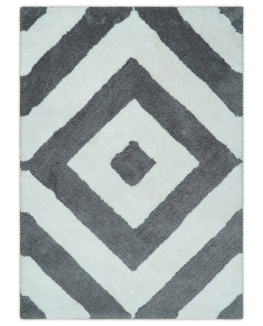 Hand Woven Soft geometric grey and Ivory Plush 3x5, 4x6 and 5x7 Shaggy Area Rug | SHAG9