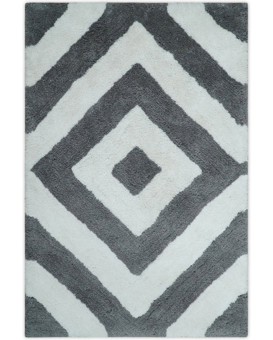 Hand Woven Soft geometric grey and Ivory Plush 3x5, 4x6 and 5x7 Shaggy Area Rug | SHAG9