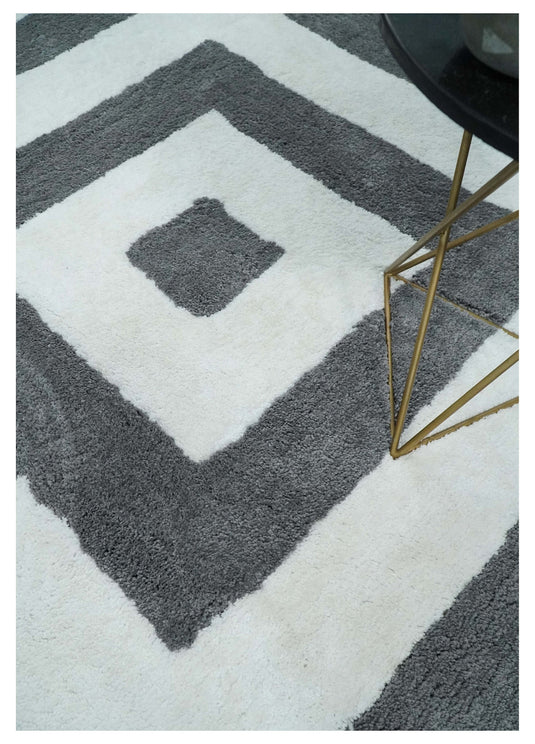Hand Woven Soft geometric grey and Ivory Plush 3x5, 4x6 and 5x7 Shaggy Area Rug | SHAG9
