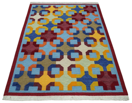 Hand knotted soumak Multicolored geometric design Wool area rug, 5x7 |KNT46