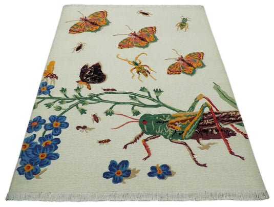 Handknotted Soumak Ivory with Multicoloured Butterfly, flowers garden design Wool area rug, 5x7 |KNT48