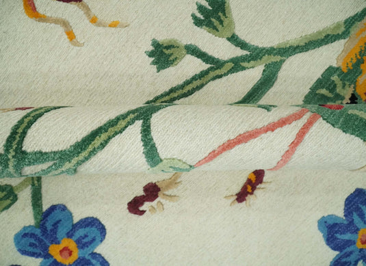 Handknotted Soumak Ivory with Multicoloured Butterfly, flowers garden design Wool area rug, 5x7 |KNT48