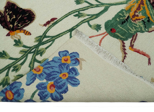 Handknotted Soumak Ivory with Multicoloured Butterfly, flowers garden design Wool area rug, 5x7 |KNT48