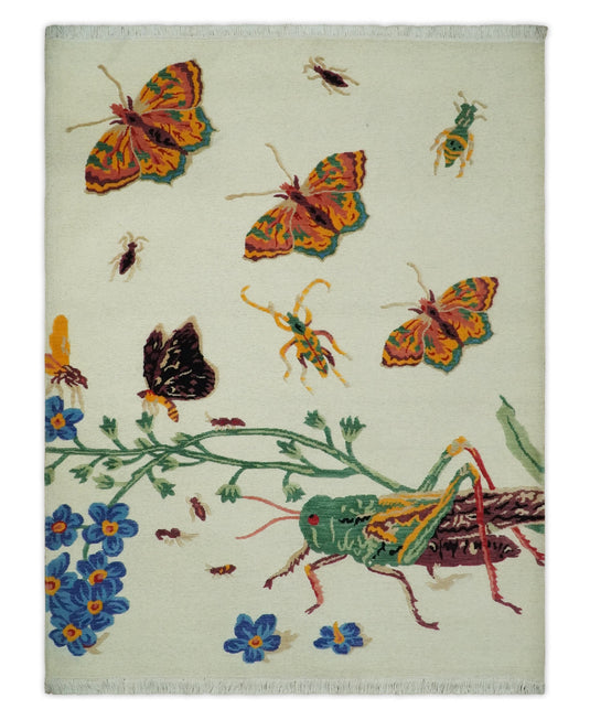 Handknotted Soumak Ivory with Multicoloured Butterfly, flowers garden design Wool area rug, 5x7 |KNT48