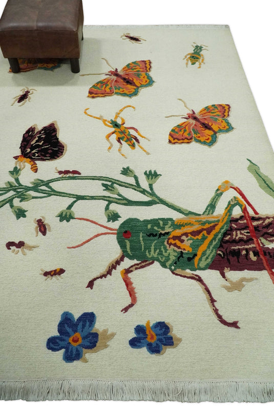 Handknotted Soumak Ivory with Multicoloured Butterfly, flowers garden design Wool area rug, 5x7 |KNT48
