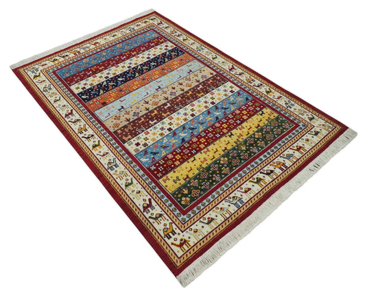 Handknotted Soumak Multicolored animal design Wool area rug, 5x7 |KNT49