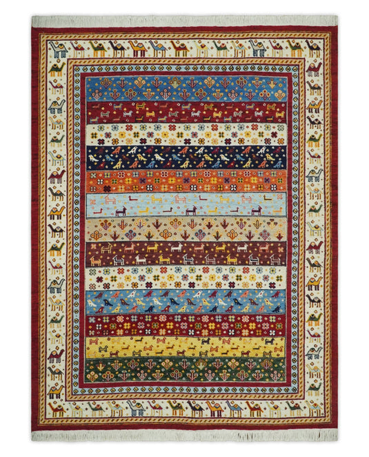 Handknotted Soumak Multicolored animal design Wool area rug, 5x7 |KNT49