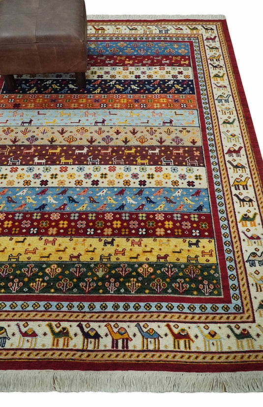 Handknotted Soumak Multicolored animal design Wool area rug, 5x7 |KNT49