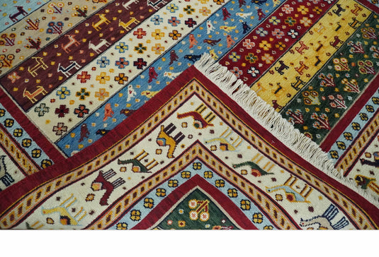Handknotted Soumak Multicolored animal design Wool area rug, 5x7 |KNT49