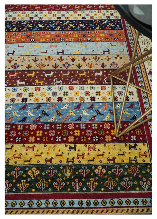 Handknotted Soumak Multicolored animal design Wool area rug, 5x7 |KNT49