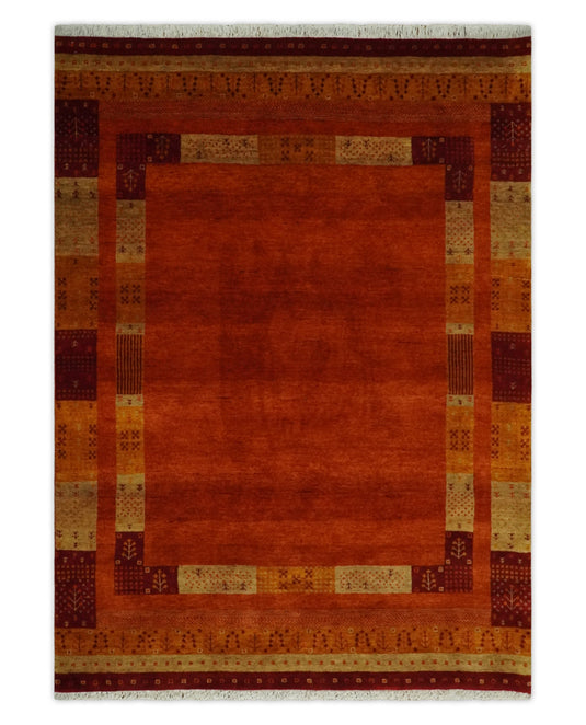 Handknotted Solid with Border Soumak Maroon,Gold and Beige Wool area rug, 5x7 |KNT50