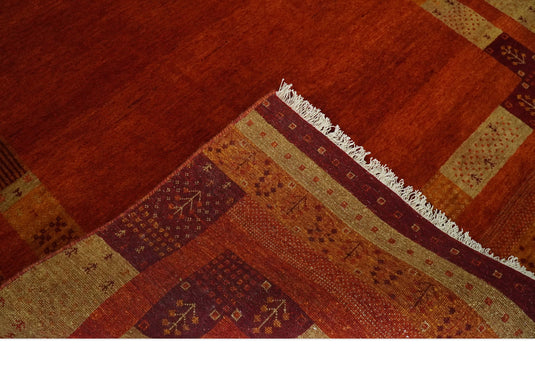 Handknotted Solid with Border Soumak Maroon,Gold and Beige Wool area rug, 5x7 |KNT50