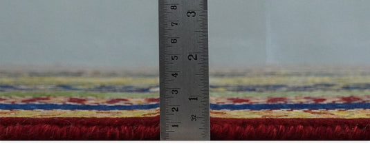 Handknotted Soumak Green, Gold and Blue Striped Wool area rug, 4x6 |KNT54