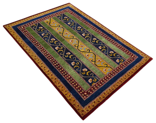 Handknotted Soumak Green, Gold and Blue Striped Wool area rug, 4x6 |KNT54