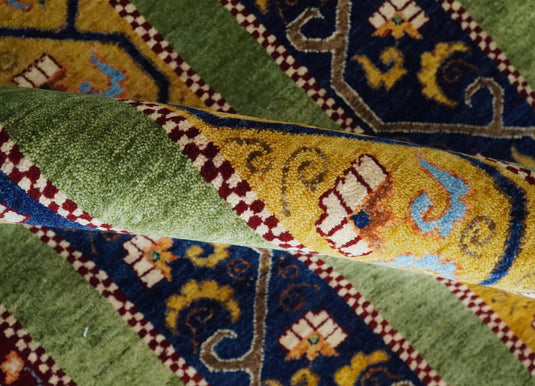 Handknotted Soumak Green, Gold and Blue Striped Wool area rug, 4x6 |KNT54