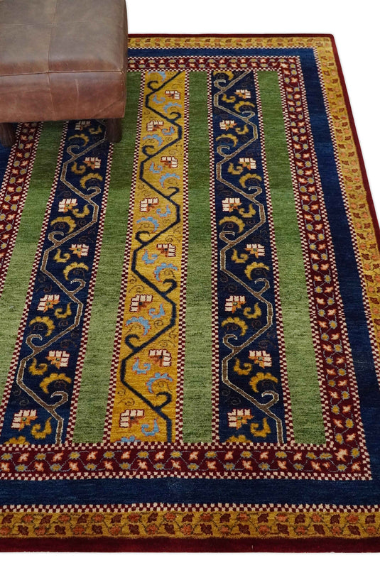 Handknotted Soumak Green, Gold and Blue Striped Wool area rug, 4x6 |KNT54