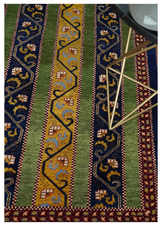 Handknotted Soumak Green, Gold and Blue Striped Wool area rug, 4x6 |KNT54