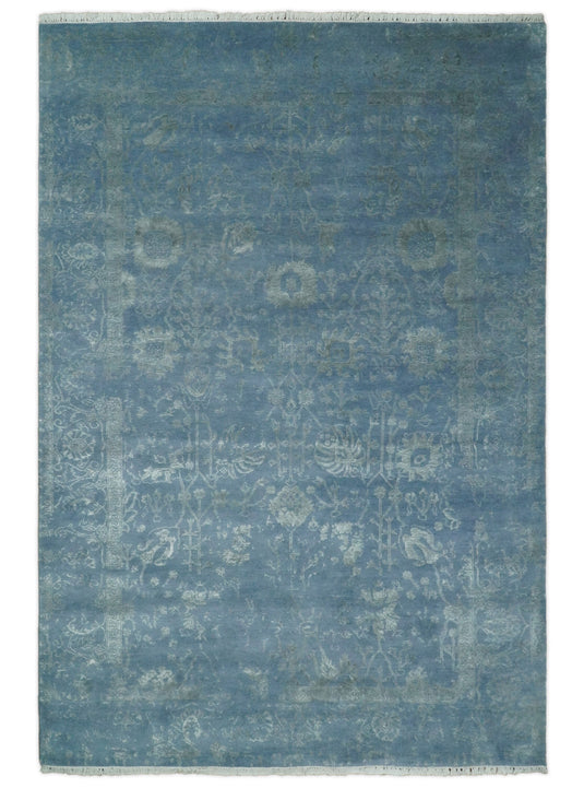 Hand Knotted Blue and Silver Traditional design Antique wool and Silk area rug, 6x9 | AGR169
