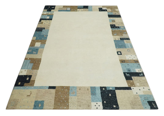 Hand Knotted Ivory with multicolored stripes Gabbeh Traditional Antique Southwestern rug, 6X8