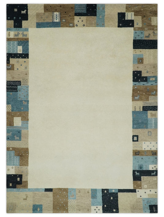 Hand Knotted Ivory with multicolored stripes Gabbeh Traditional Antique Southwestern rug, 6X8