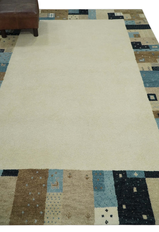 Hand Knotted Ivory with multicolored stripes Gabbeh Traditional Antique Southwestern rug, 6X8