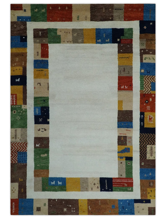 Hand Knotted Ivory with multicolored Stripes border Lori Gabbeh Traditional Antique Southwestern rug, 5X8