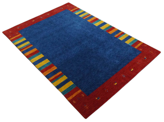 Hand Woven Blue, Rust with multicolored Stripes Wool southwestern Lori area rug, 6x8 |KNT19
