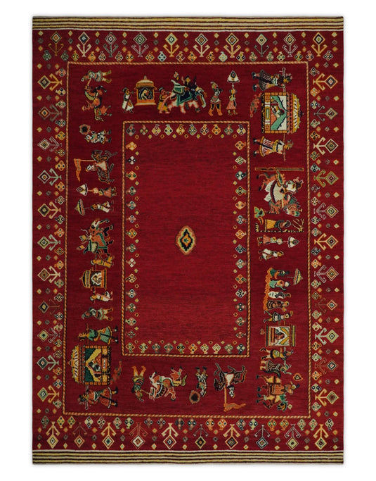 Hand Woven Maroon Indian wedding design Antique Wool area rug, 5x7