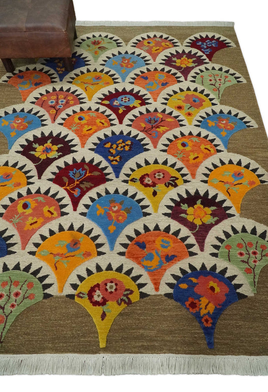 Flatwoven Soumak Brown and Ivory with multicolored Floral design Wool area rug, 5x7