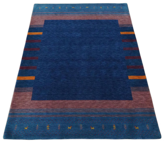 Hand Woven Blue and Peach Wool southwestern Lori Gabbeh area rug, 6x8 |KNT22