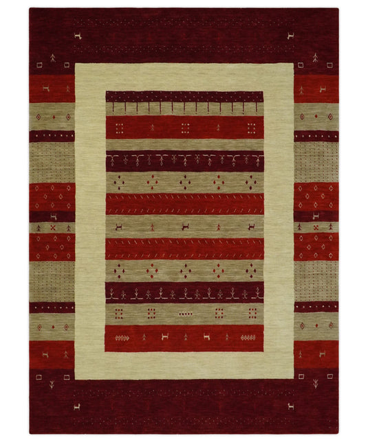 Hand Woven Red, Maroon and Beige striped Wool southwestern Lori area rug, 6x8