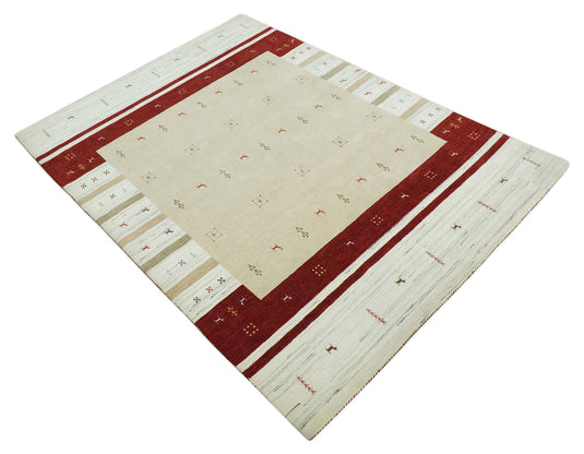 Hand Woven Beige, Ivory and Rust striped Wool southwestern Lori area rug, 6x8 |KNT30