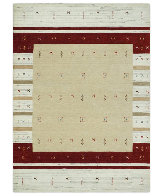 Hand Woven Beige, Ivory and Rust striped Wool southwestern Lori area rug, 6x8 |KNT30