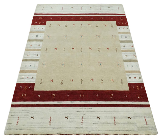 Hand Woven Beige, Ivory and Rust striped Wool southwestern Lori area rug, 6x8 |KNT30