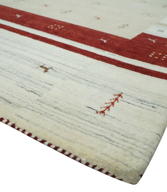 Hand Woven Beige, Ivory and Rust striped Wool southwestern Lori area rug, 6x8 |KNT30