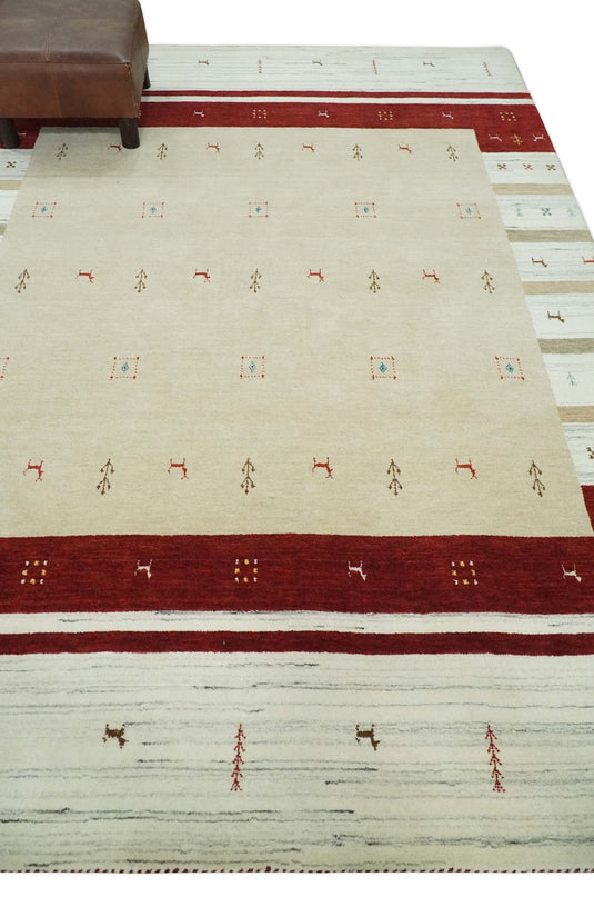 Hand Woven Beige, Ivory and Rust striped Wool southwestern Lori area rug, 6x8 |KNT30