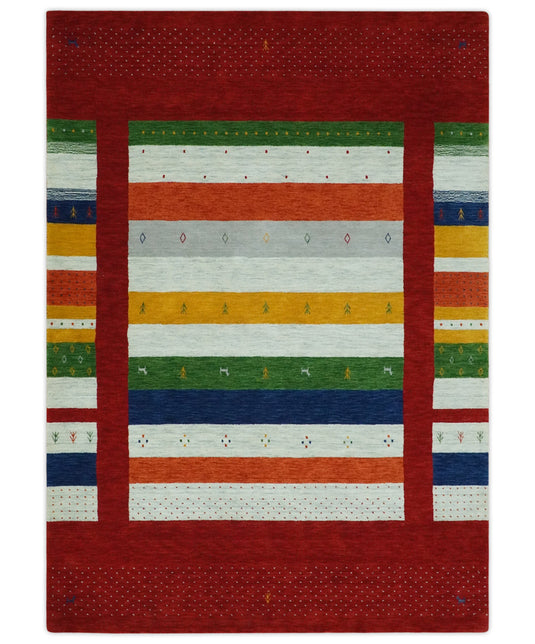 Hand Woven Vibrant Multicolored Striped Wool southwestern Lori area rug, 6x8 |KNT33