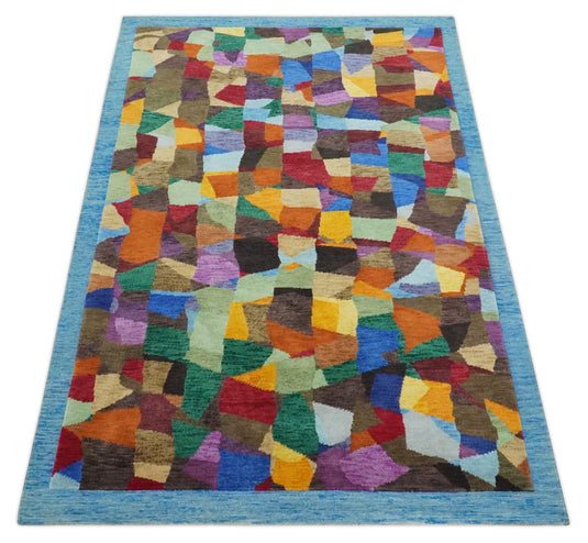 Hand Woven Multicolored abstract design Wool southwestern area rug, 5x7  |KNT35