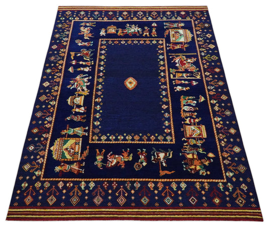 Hand Woven Navy Blue Indian wedding design Antique Wool area rug, 5x7 |KNT40