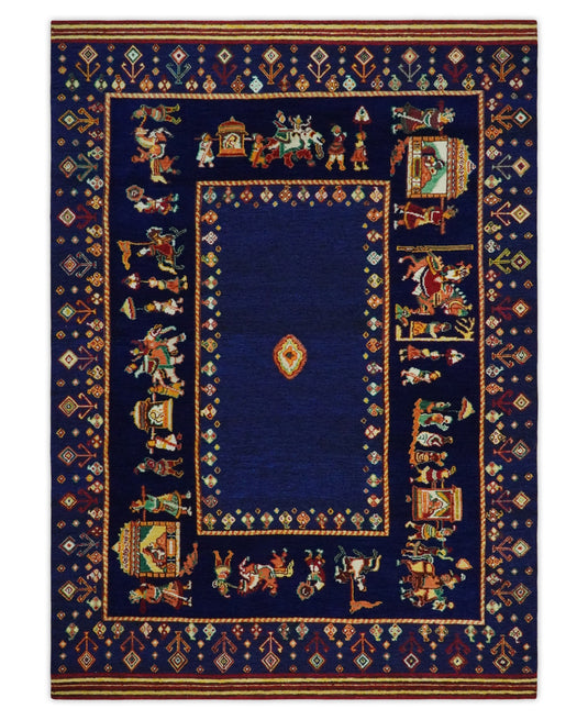 Hand Woven Navy Blue Indian wedding design Antique Wool area rug, 5x7 |KNT40