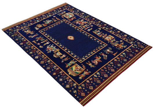 Hand Woven Navy Blue Indian wedding design Antique Wool area rug, 5x7 |KNT40