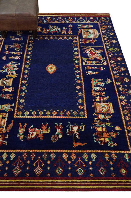 Hand Woven Navy Blue Indian wedding design Antique Wool area rug, 5x7 |KNT40