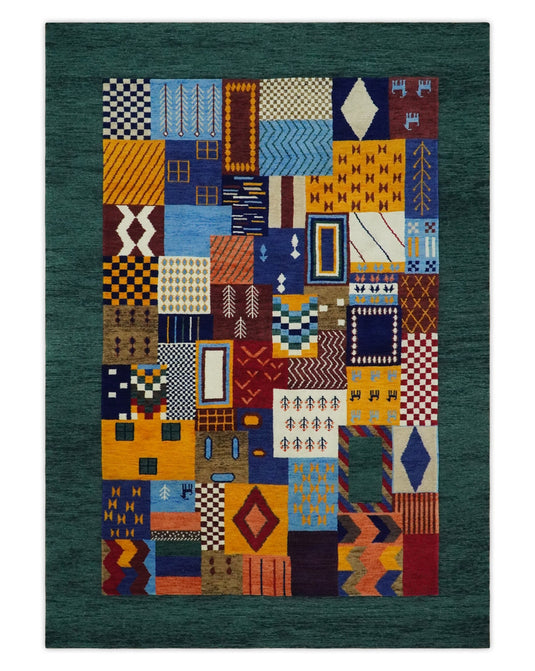 Hand Woven Multicolor Shapes Abstract Soumak loop and Cut Rug,5x7 | KNT41