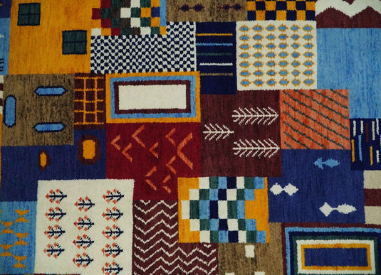 Hand Woven Multicolor Shapes Abstract Soumak loop and Cut Rug,5x7 | KNT41