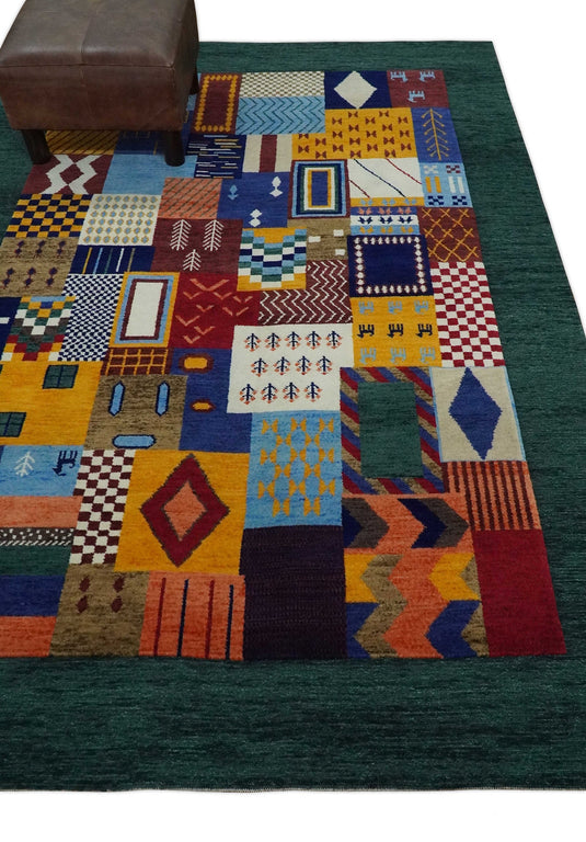 Hand Woven Multicolor Shapes Abstract Soumak loop and Cut Rug,5x7 | KNT41