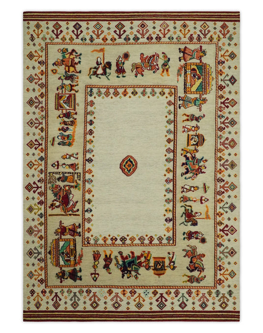 Hand Woven Ivory and Beige Indian wedding design Soumak Handspun Wool area rug, 5x7 |KNT42