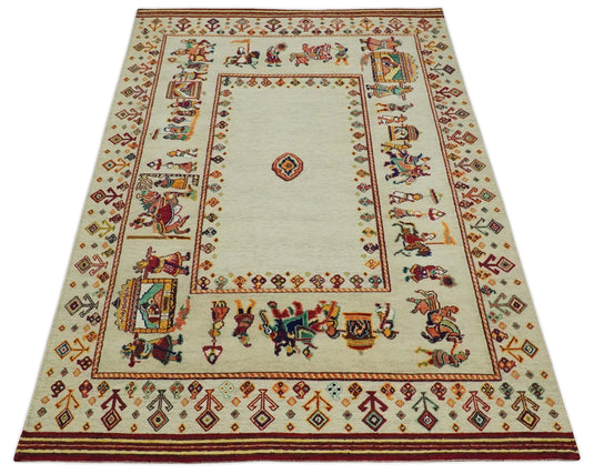 Hand Woven Ivory and Beige Indian wedding design Soumak Handspun Wool area rug, 5x7 |KNT42