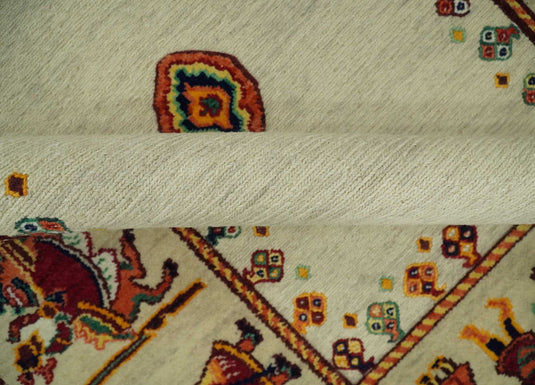 Hand Woven Ivory and Beige Indian wedding design Soumak Handspun Wool area rug, 5x7 |KNT42