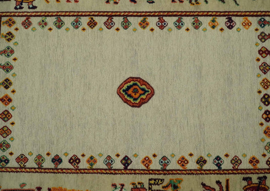 Hand Woven Ivory and Beige Indian wedding design Soumak Handspun Wool area rug, 5x7 |KNT42