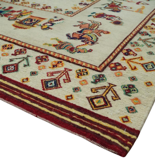 Hand Woven Ivory and Beige Indian wedding design Soumak Handspun Wool area rug, 5x7 |KNT42